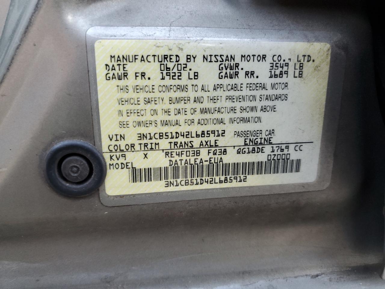 2002 Nissan Sentra Xe VIN: 3N1CB51D42L685912 Lot: 79354814