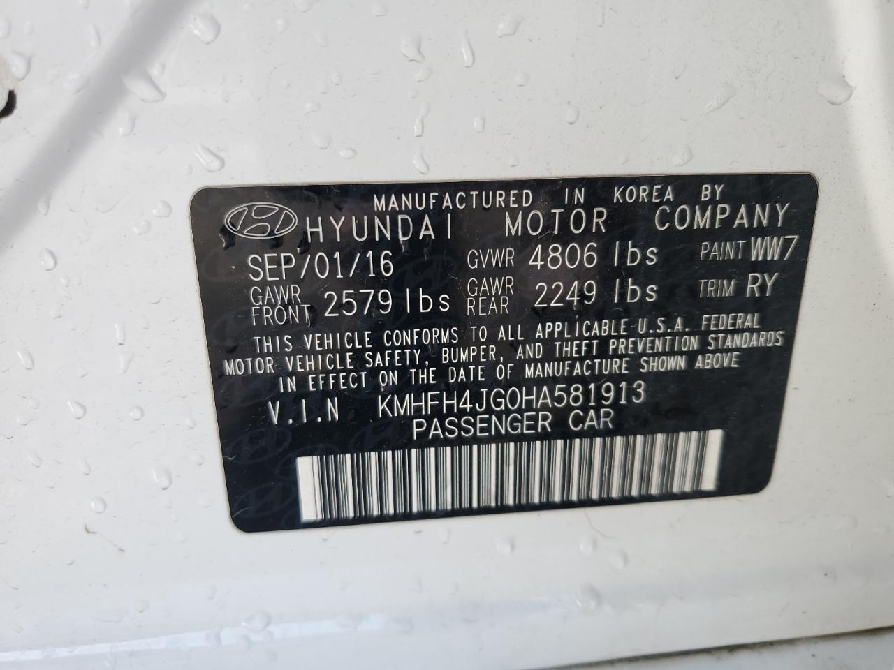 VIN KMHFH4JG0HA581913 2017 HYUNDAI AZERA no.12