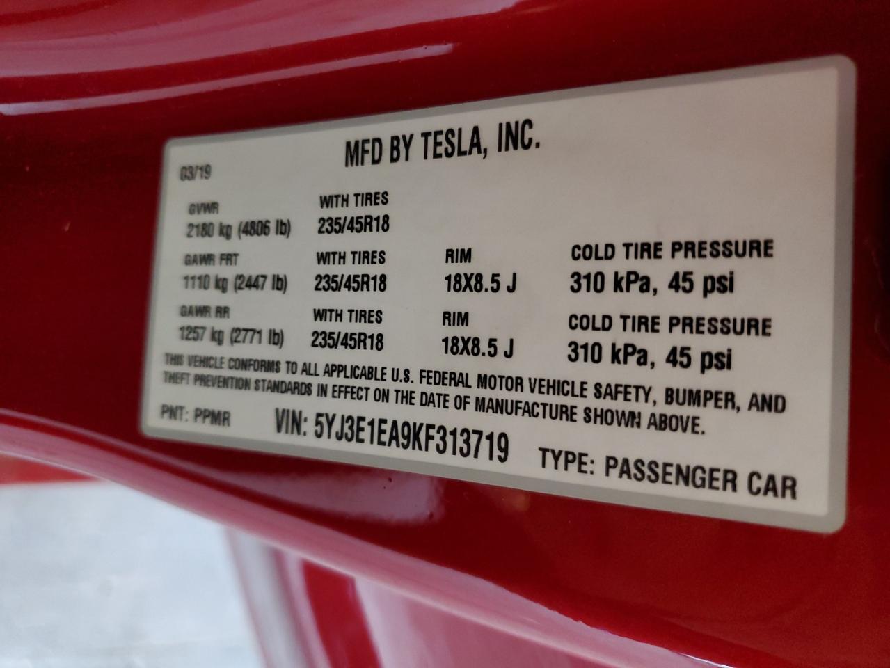 2019 Tesla Model 3 VIN: 5YJ3E1EA9KF313719 Lot: 80347374