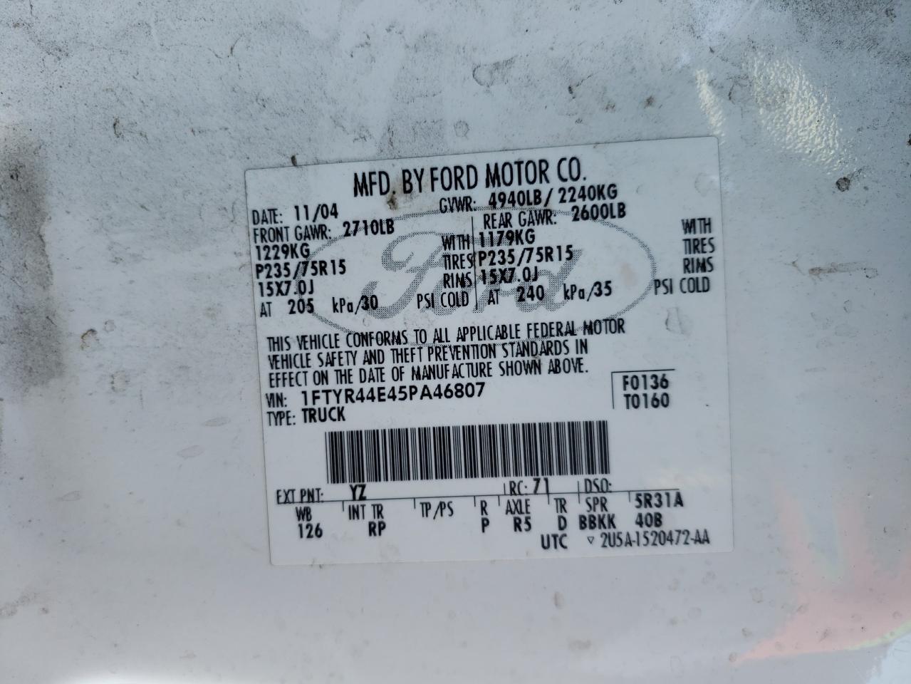 1FTYR44E45PA46807 2005 Ford Ranger Super Cab