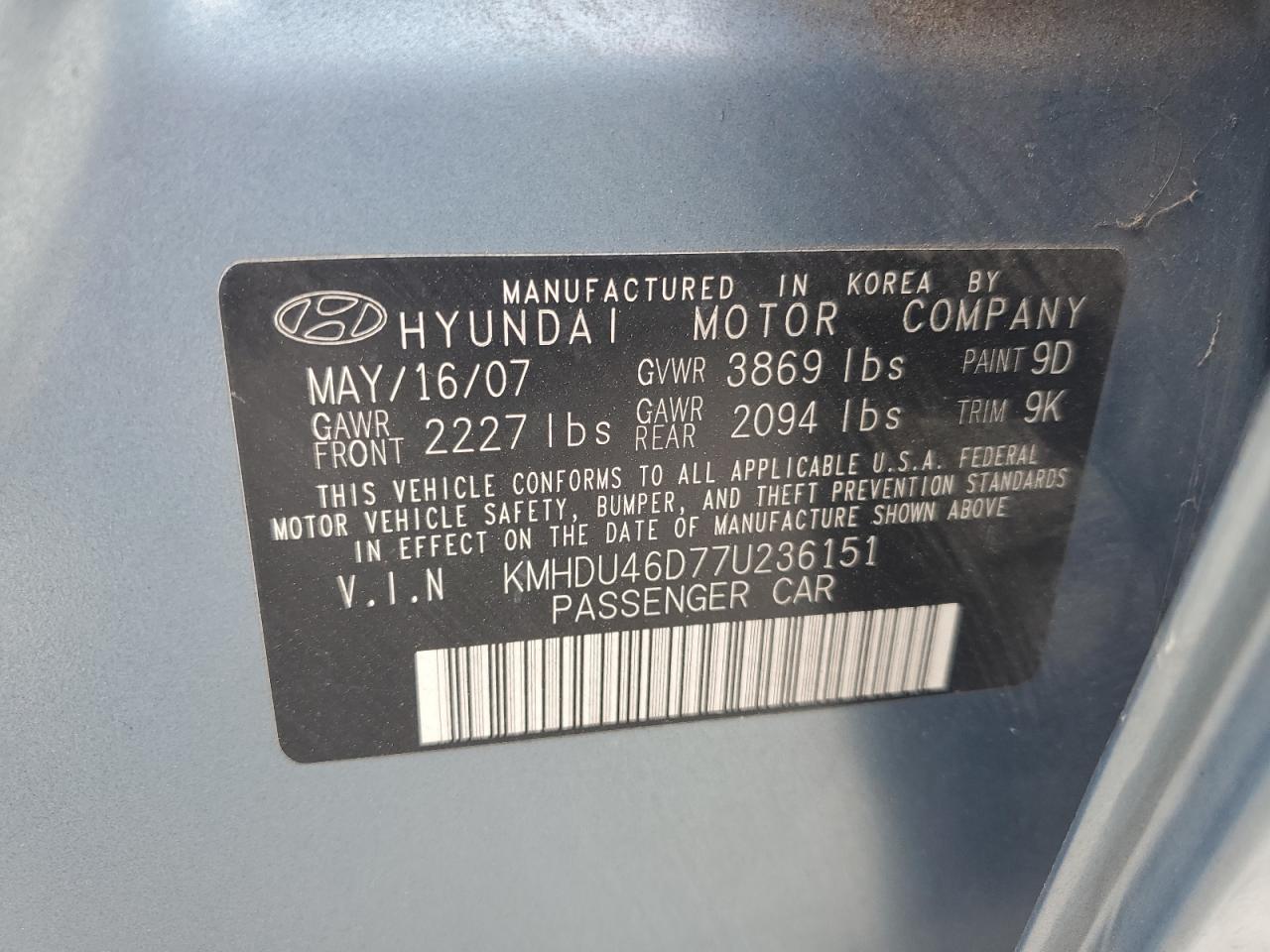 KMHDU46D77U236151 2007 Hyundai Elantra Gls