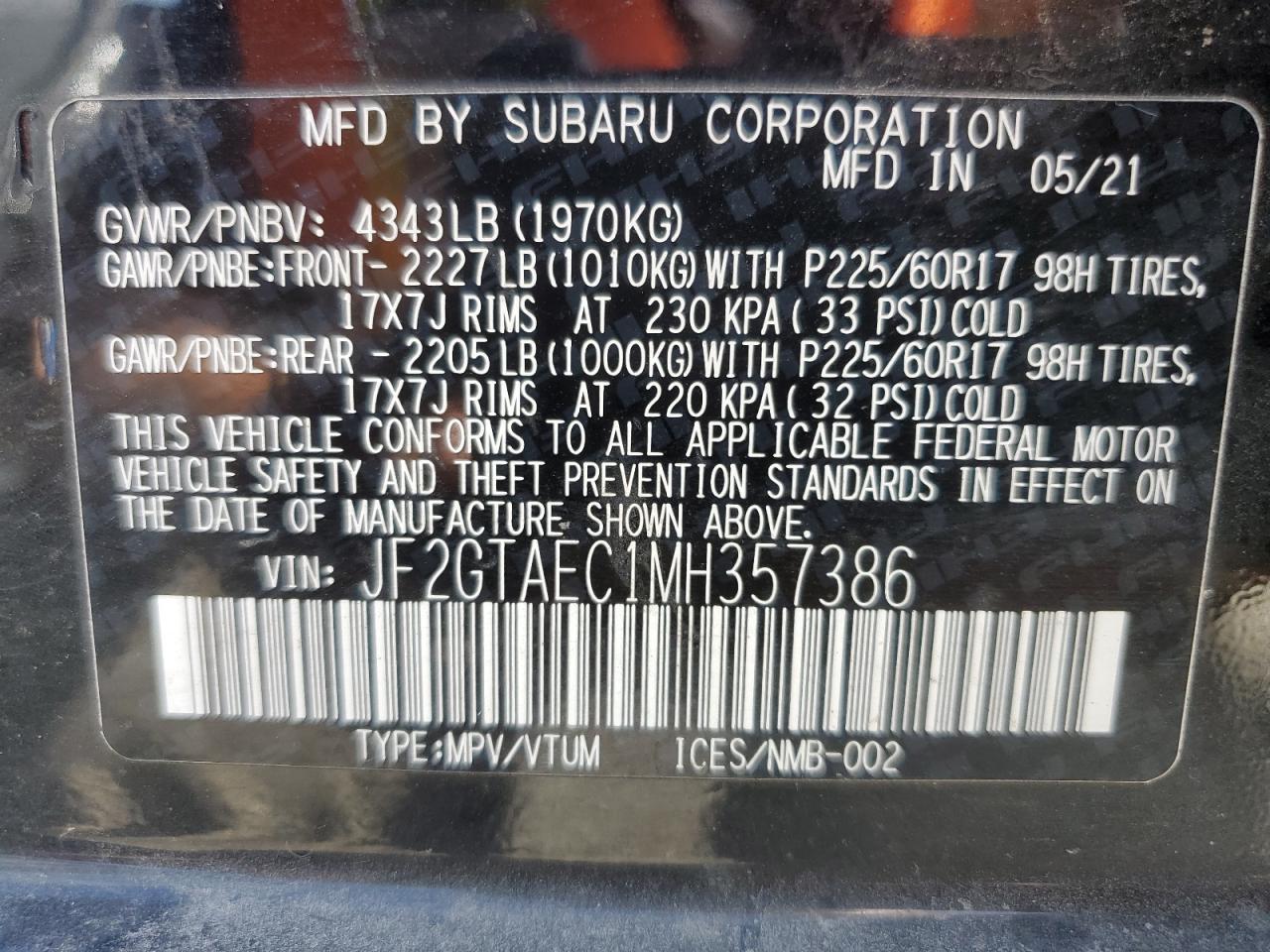 2021 Subaru Crosstrek Premium VIN: JF2GTAEC1MH357386 Lot: 79132514