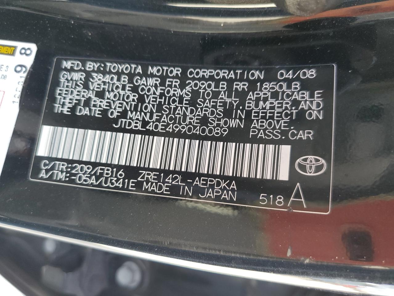 2009 Toyota Corolla Base VIN: JTDBL40E499040089 Lot: 80049854