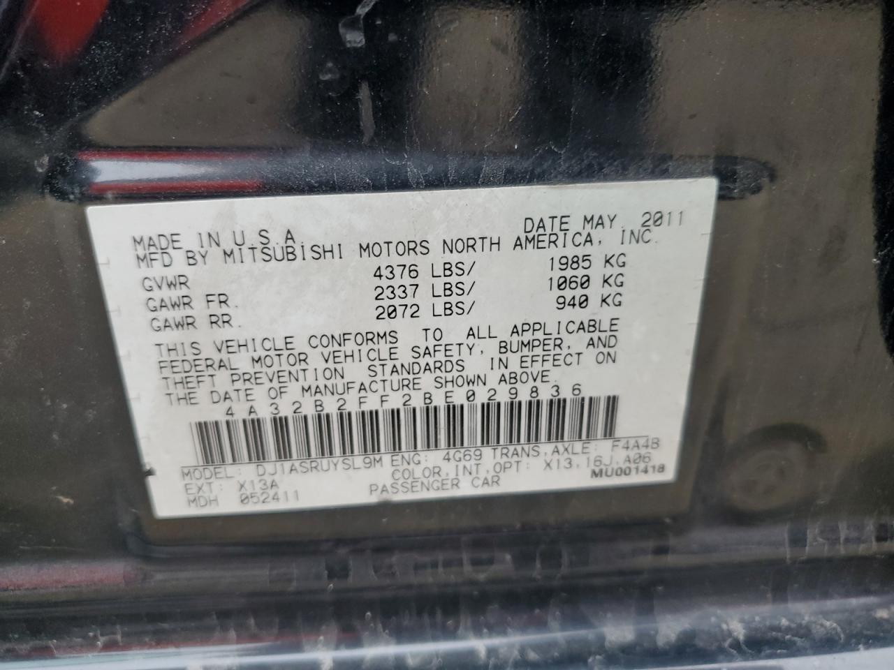 2011 Mitsubishi Galant Fe VIN: 4A32B2FF2BE029836 Lot: 79555264