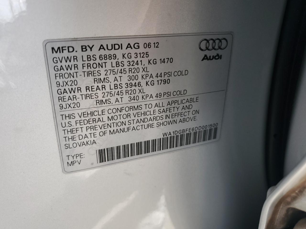 2013 Audi Q7 Prestige VIN: WA1DGBFE6DD001500 Lot: 79606264