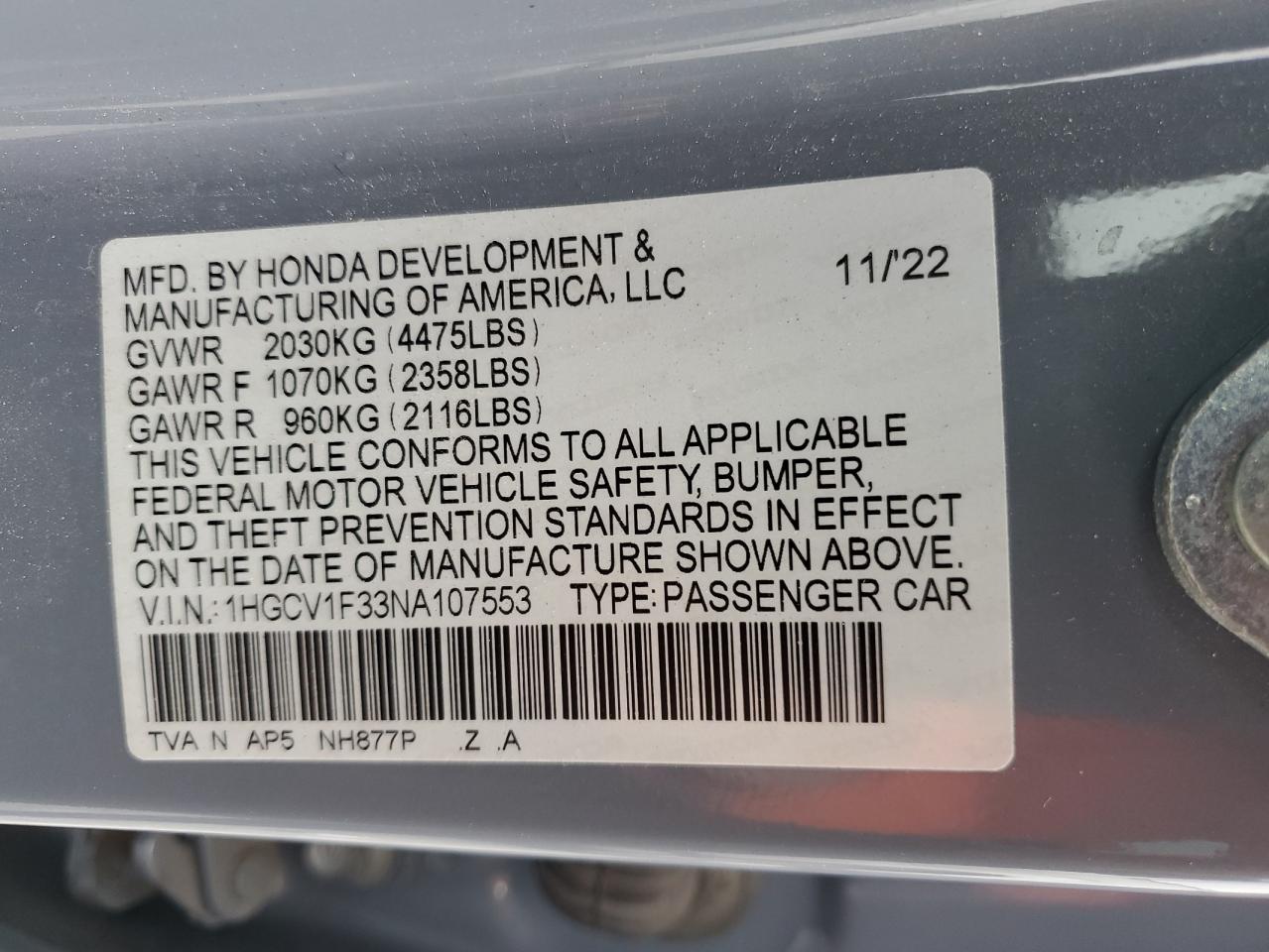 VIN 1HGCV1F33NA107553 2022 HONDA ACCORD no.13