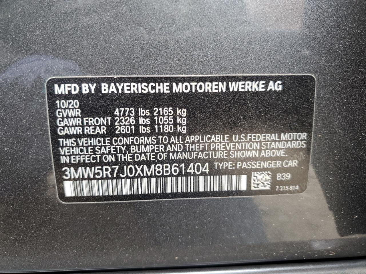 2021 BMW 330Xi VIN: 3MW5R7J0XM8B61404 Lot: 78842754