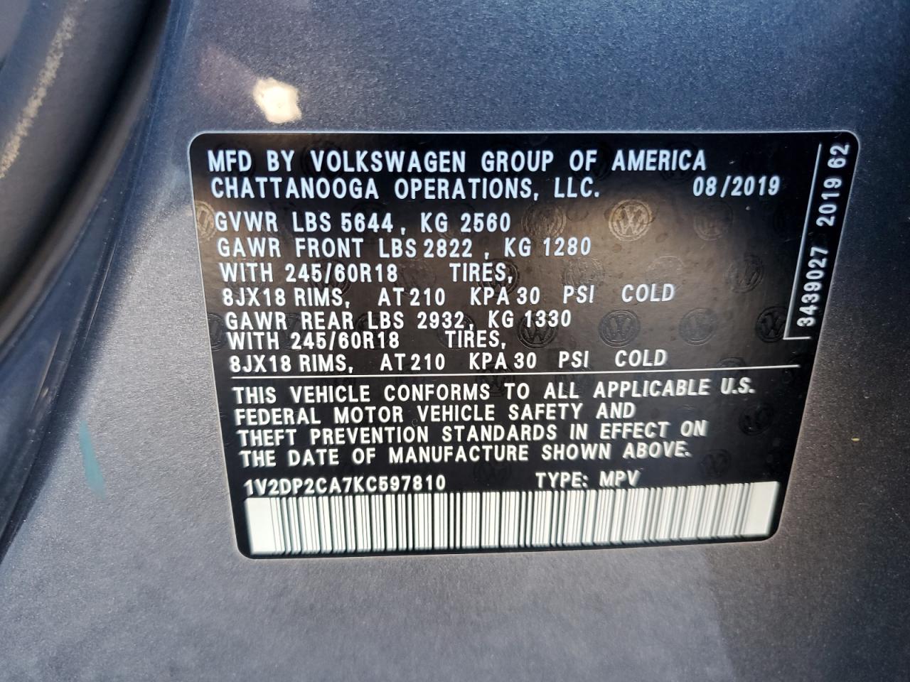 2019 Volkswagen Atlas Se VIN: 1V2DP2CA7KC597810 Lot: 79636964