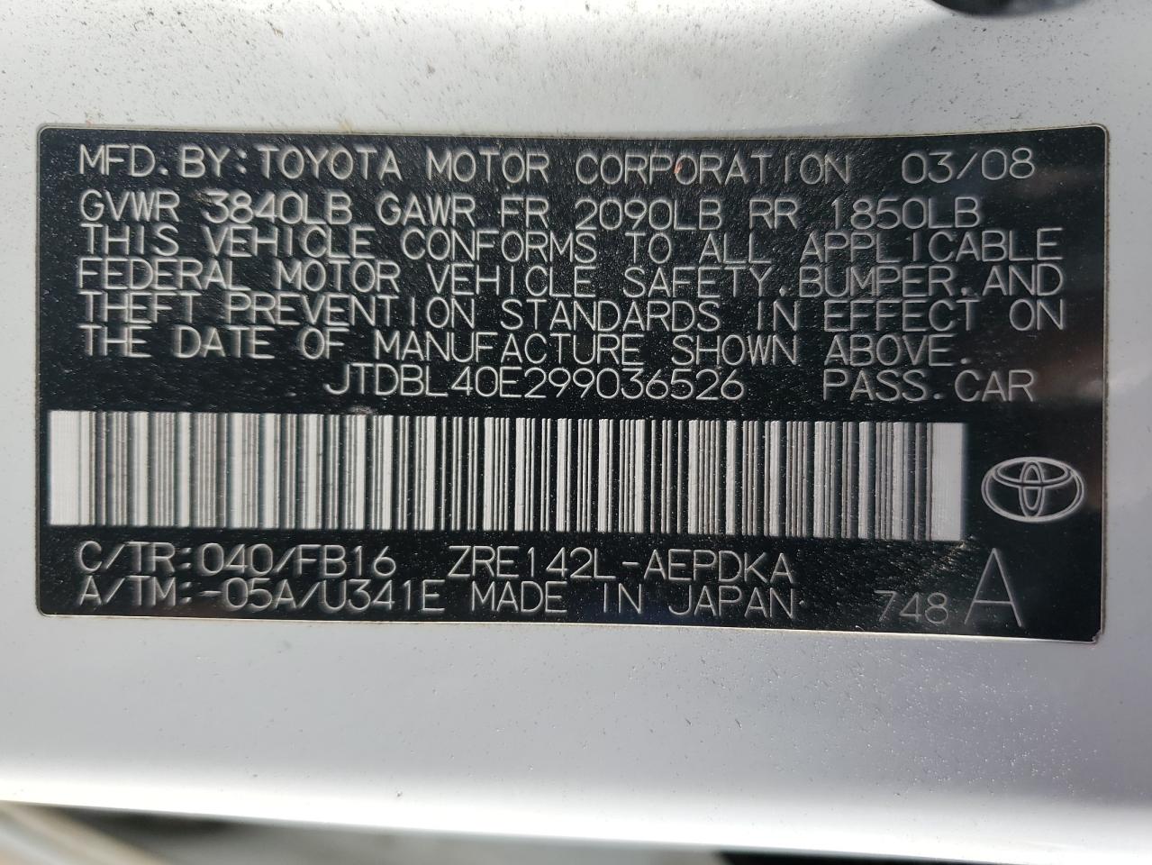 2009 Toyota Corolla Base VIN: JTDBL40E299036526 Lot: 79140264