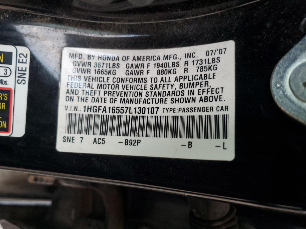 2007 Honda Civic Lx VIN: 1HGFA16557L130107 Lot: 52813445