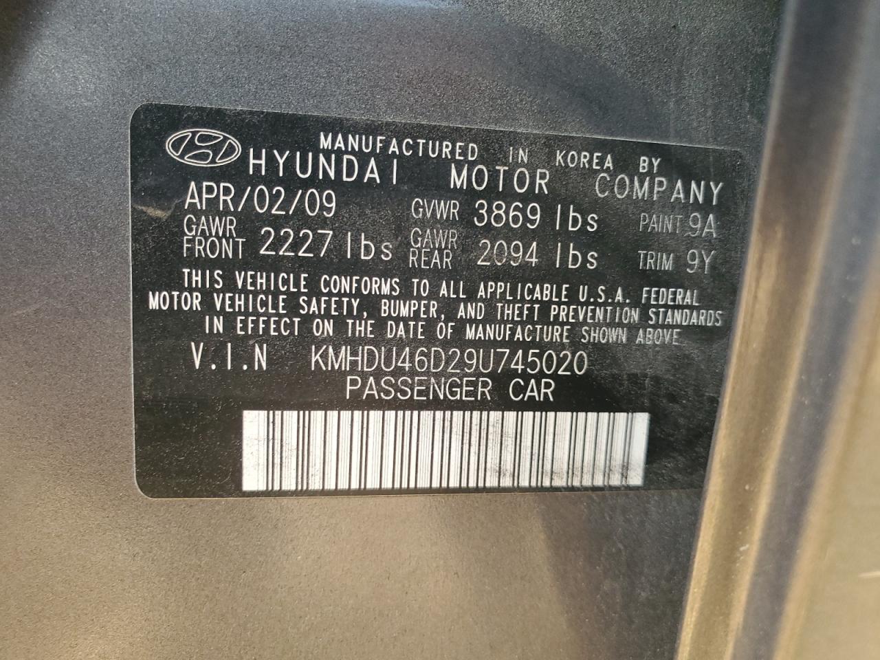 2009 Hyundai Elantra Gls VIN: KMHDU46D29U745020 Lot: 79764824