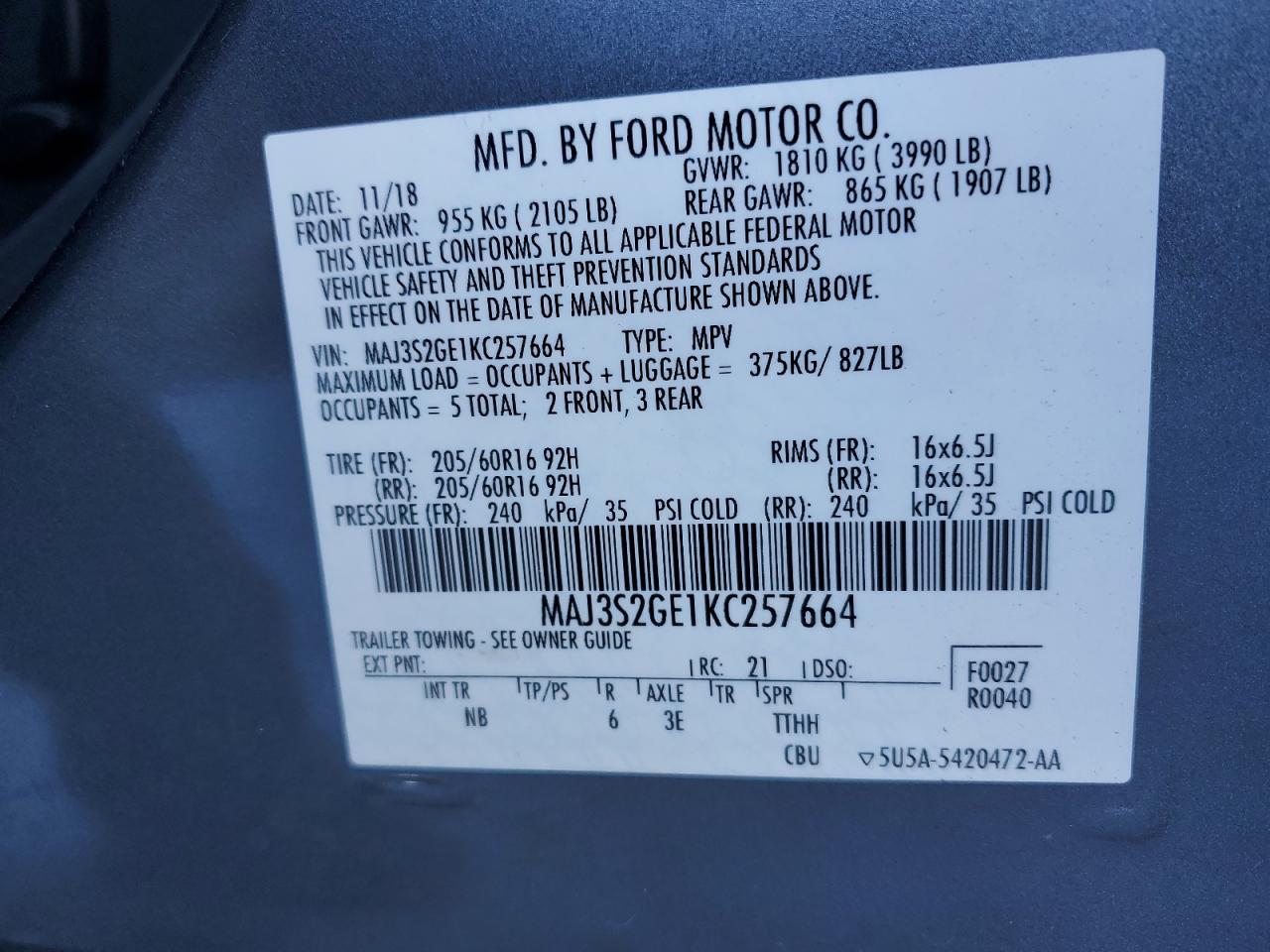 2019 Ford Ecosport Se VIN: MAJ3S2GE1KC257664 Lot: 81561684