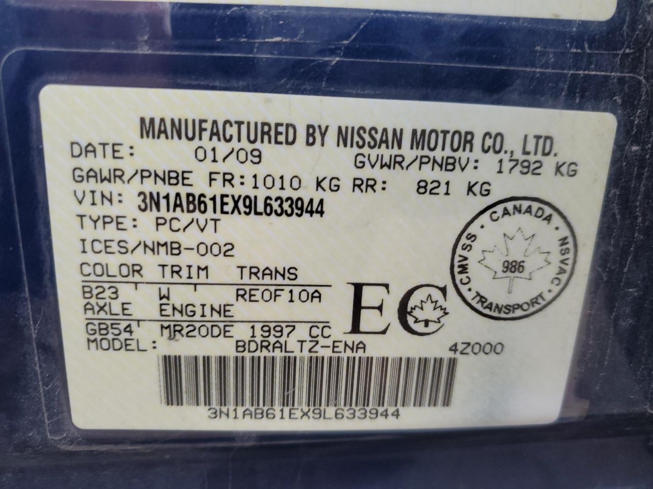 2009 Nissan Sentra 2.0 VIN: 3N1AB61EX9L633944 Lot: 80776394