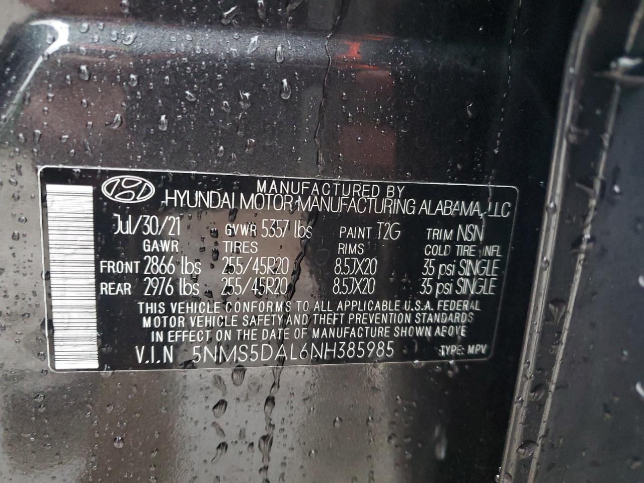 2022 Hyundai Santa Fe Calligraphy VIN: 5NMS5DAL6NH385985 Lot: 79086494