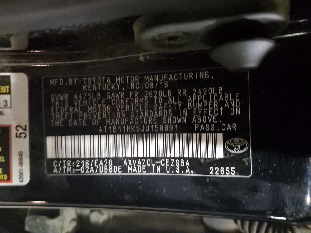 VIN 4T1B11HK5JU158891 2018 TOYOTA CAMRY no.12