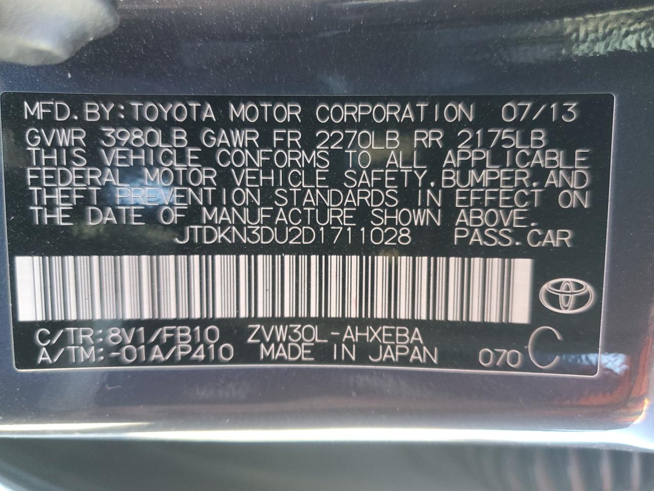 2013 Toyota Prius VIN: JTDKN3DU2D1711028 Lot: 79976554