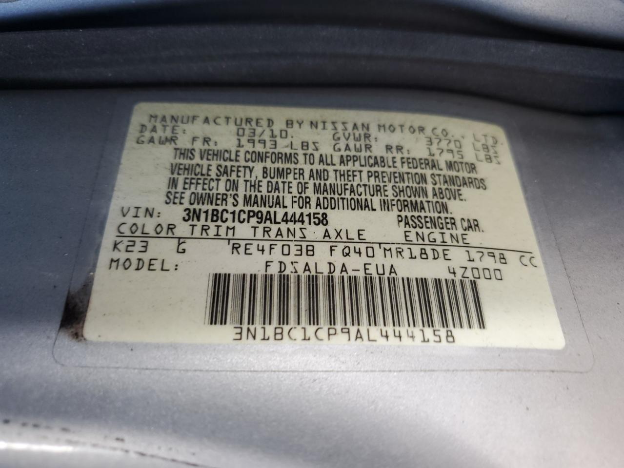 2010 Nissan Versa S VIN: 3N1BC1CP9AL444158 Lot: 78824714