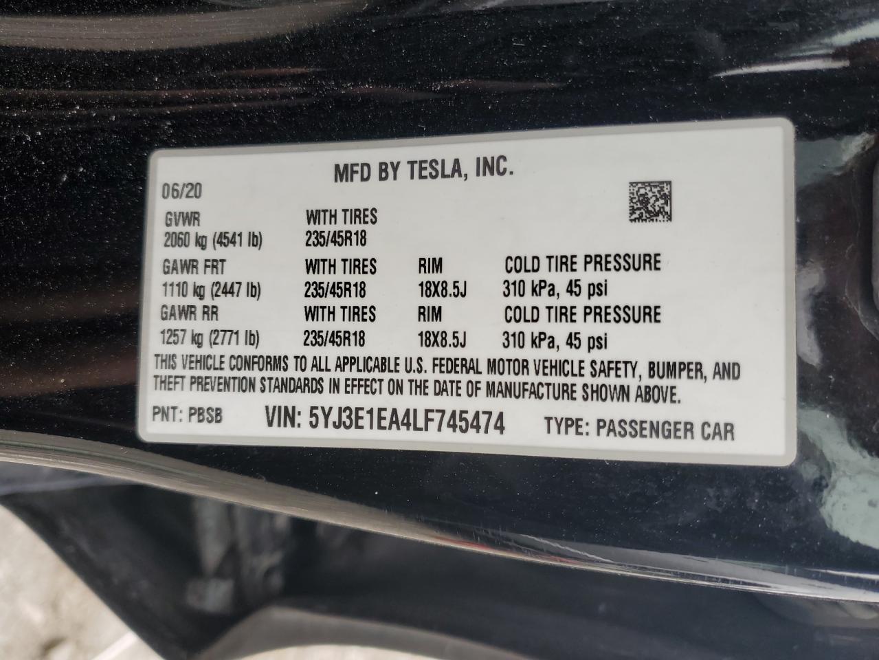 2020 Tesla Model 3 VIN: 5YJ3E1EA4LF745474 Lot: 78176924