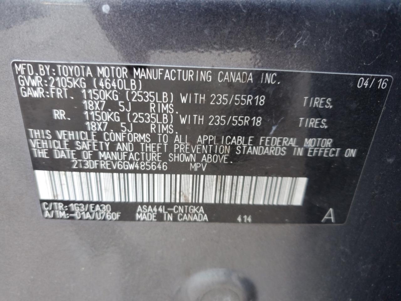 VIN 2T3DFREV6GW485646 2016 TOYOTA RAV4 no.13