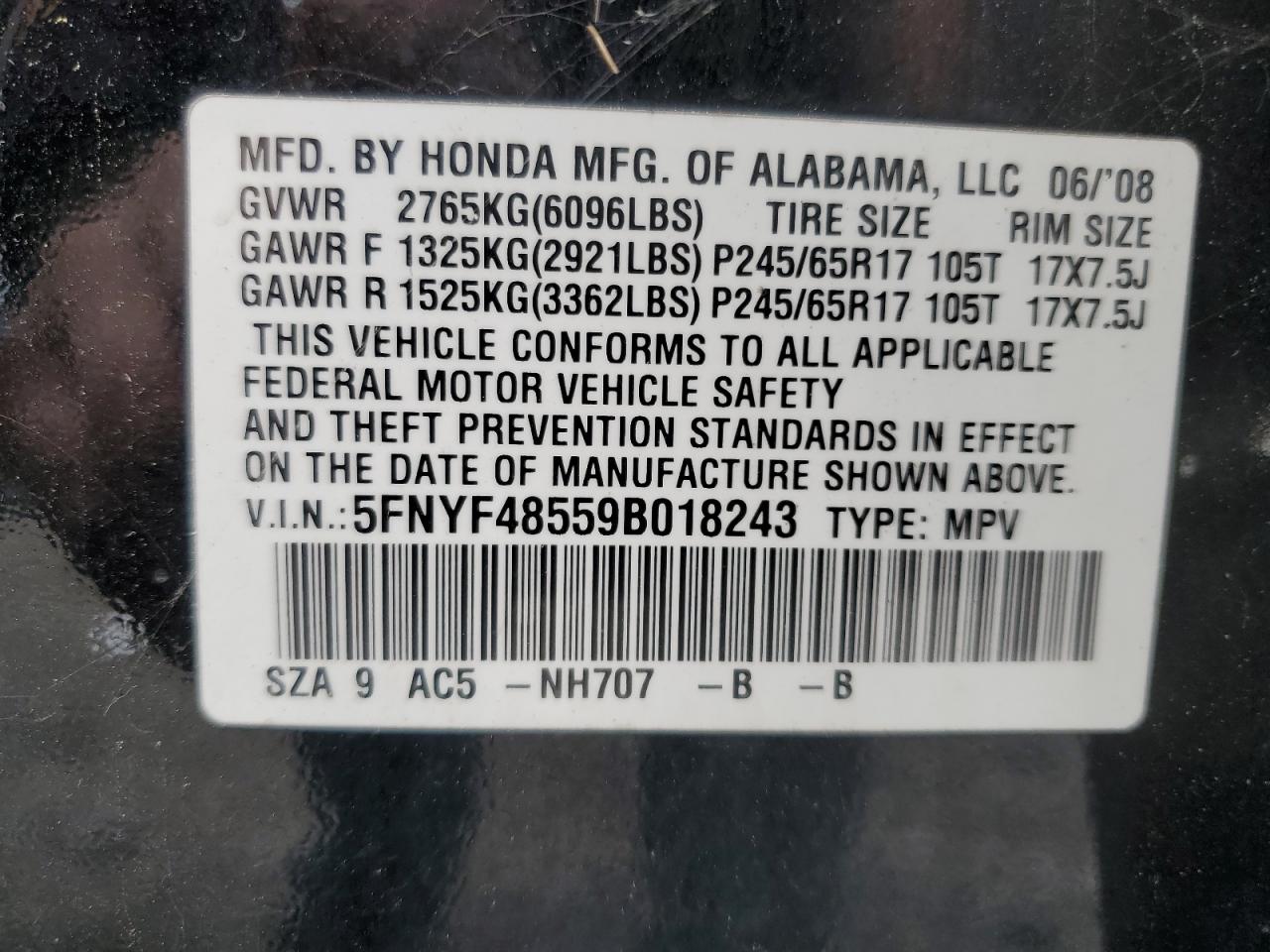 5FNYF48559B018243 2009 Honda Pilot Exl