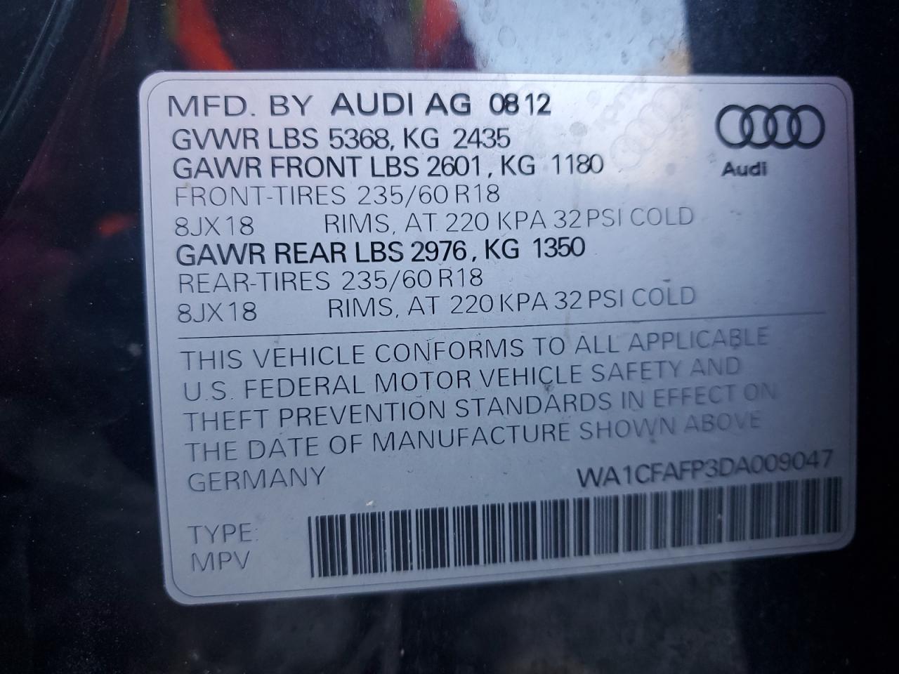 2013 Audi Q5 Premium VIN: WA1CFAFP3DA009047 Lot: 81668004