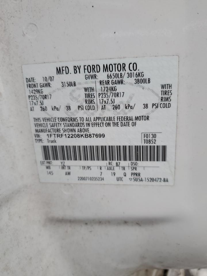 2008 Ford F150 VIN: 1FTRF12208KB87699 Lot: 79615184