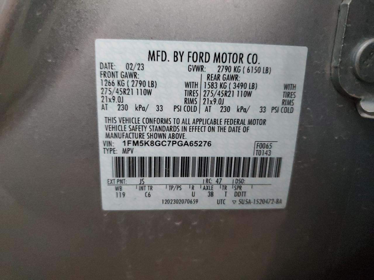 2023 Ford Explorer St VIN: 1FM5K8GC7PGA65276 Lot: 79712714