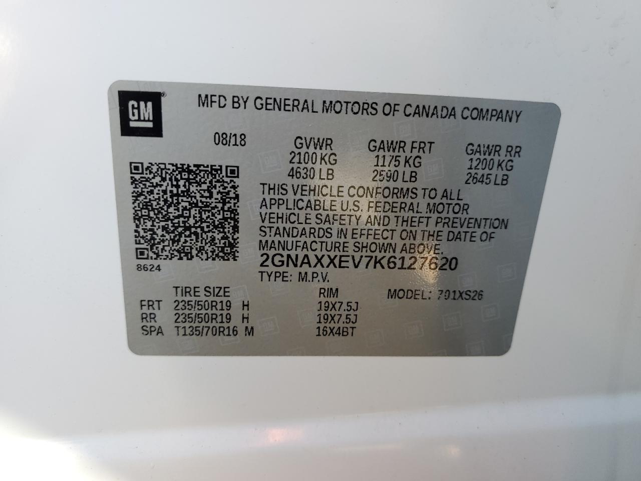 2019 Chevrolet Equinox Premier VIN: 2GNAXXEV7K6127620 Lot: 80982454