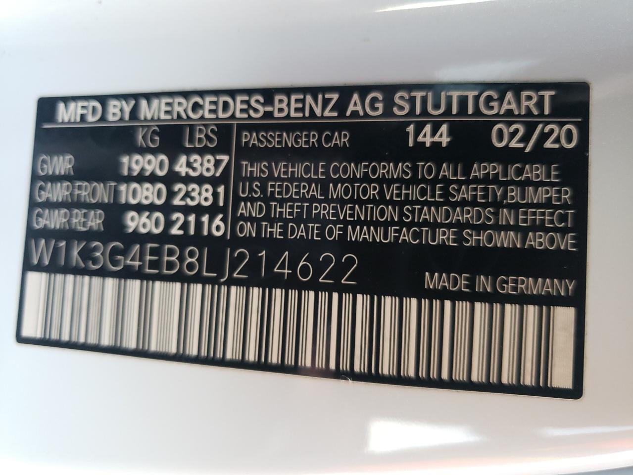 2020 Mercedes-Benz A 220 VIN: W1K3G4EB8LJ214622 Lot: 80491224