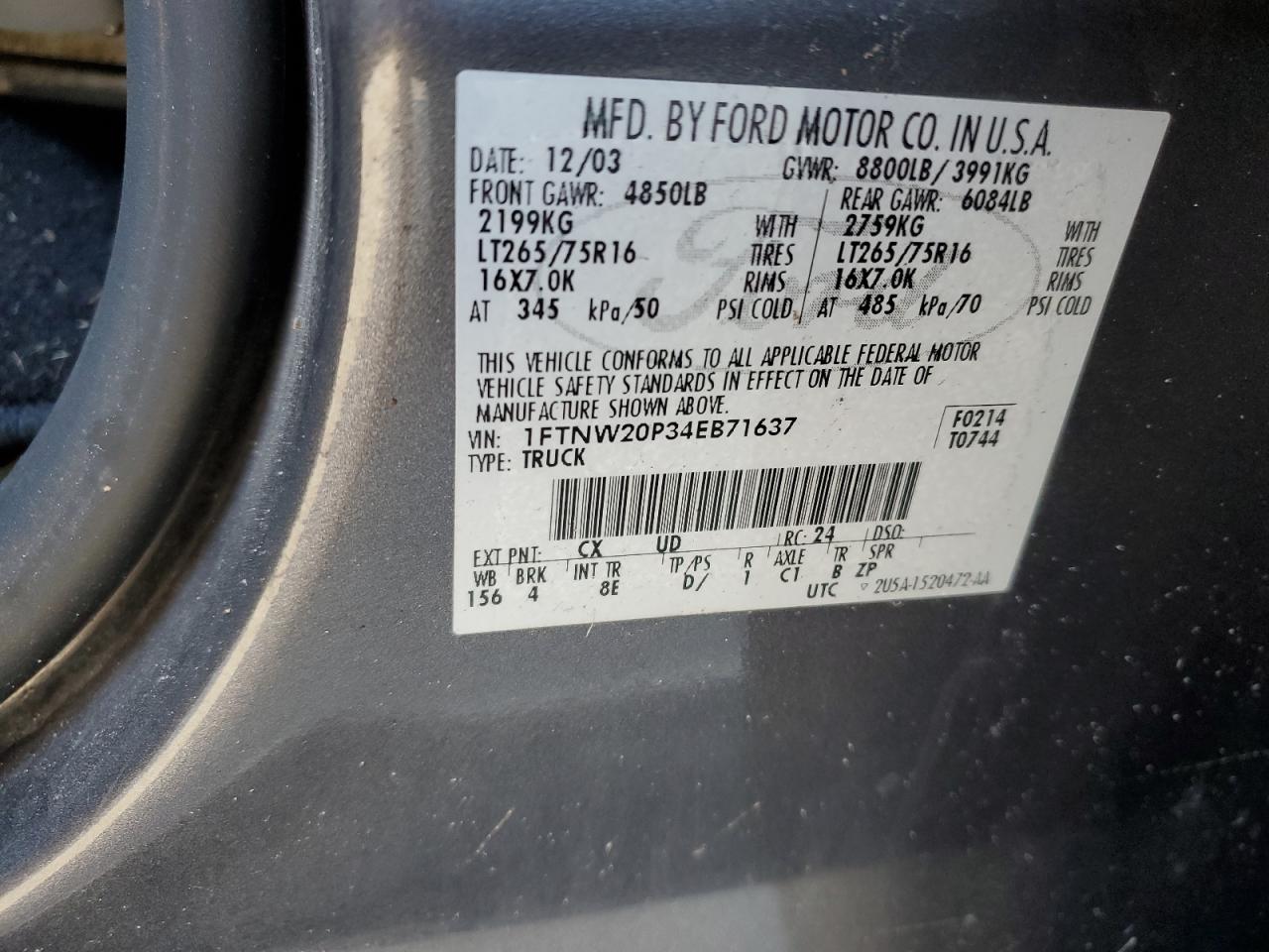 1FTNW20P34EB71637 2004 Ford F250 Super Duty