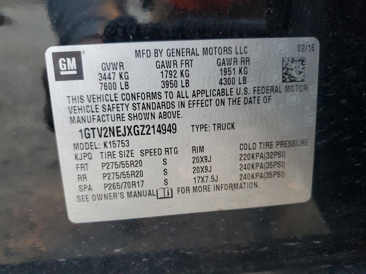 VIN 1GTV2NEJXGZ214949 2016 GMC SIERRA no.12