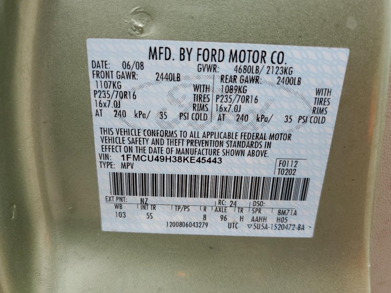 2008 Ford Escape Hev VIN: 1FMCU49H38KE45443 Lot: 80616334