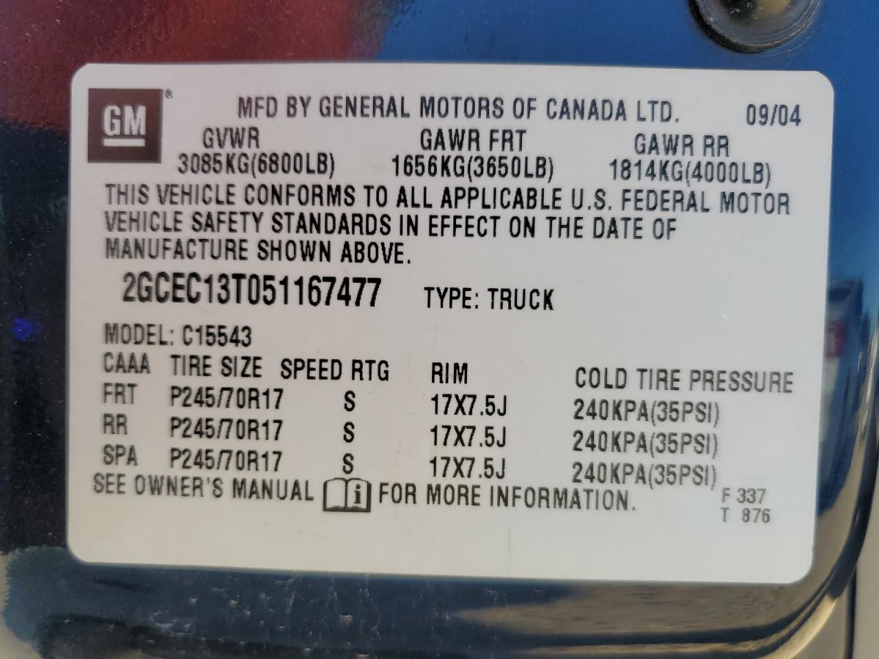 2005 Chevrolet Silverado C1500 VIN: 2GCEC13T051167477 Lot: 82250234