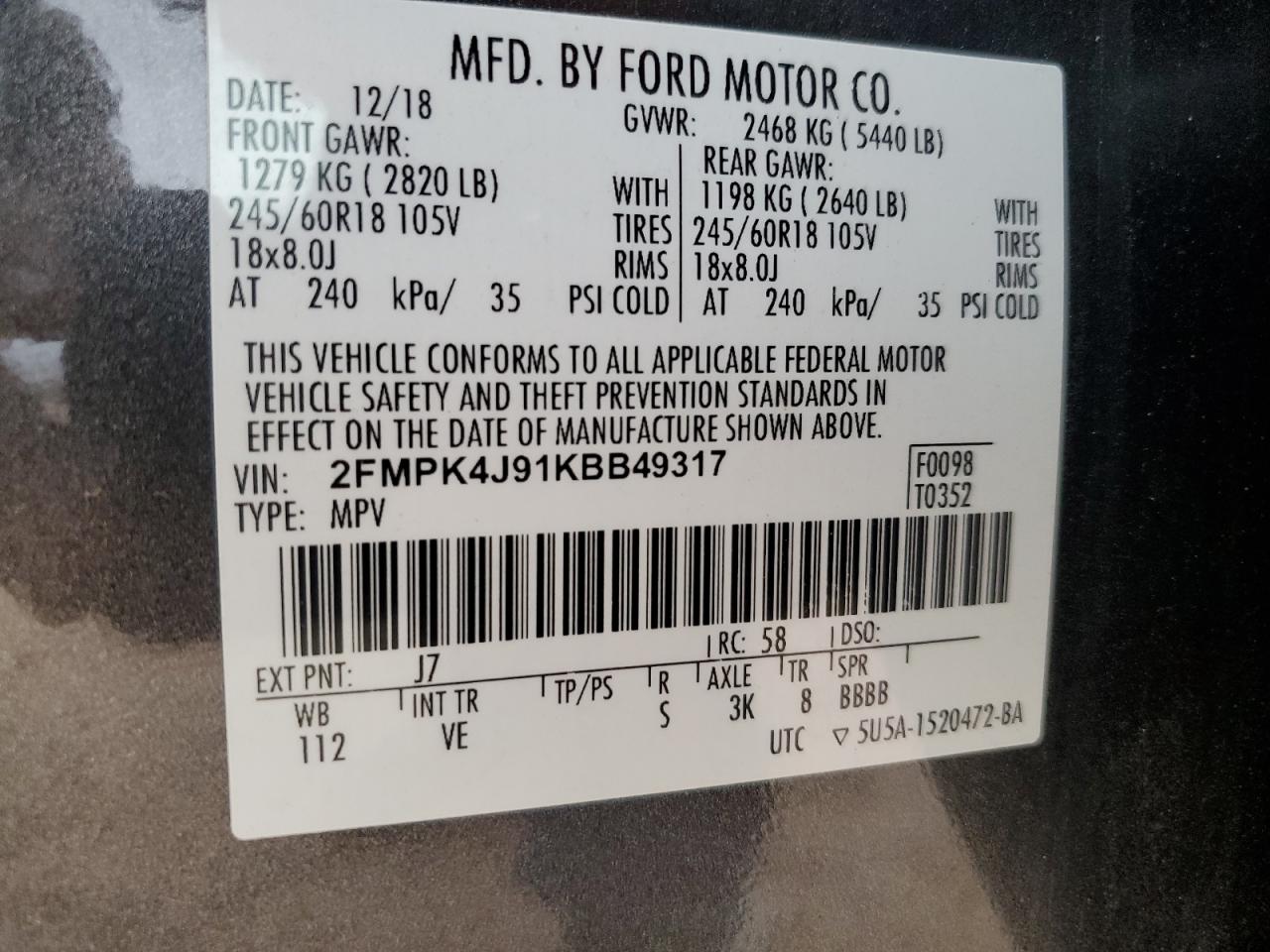 VIN 2FMPK4J91KBB49317 2019 FORD EDGE no.14