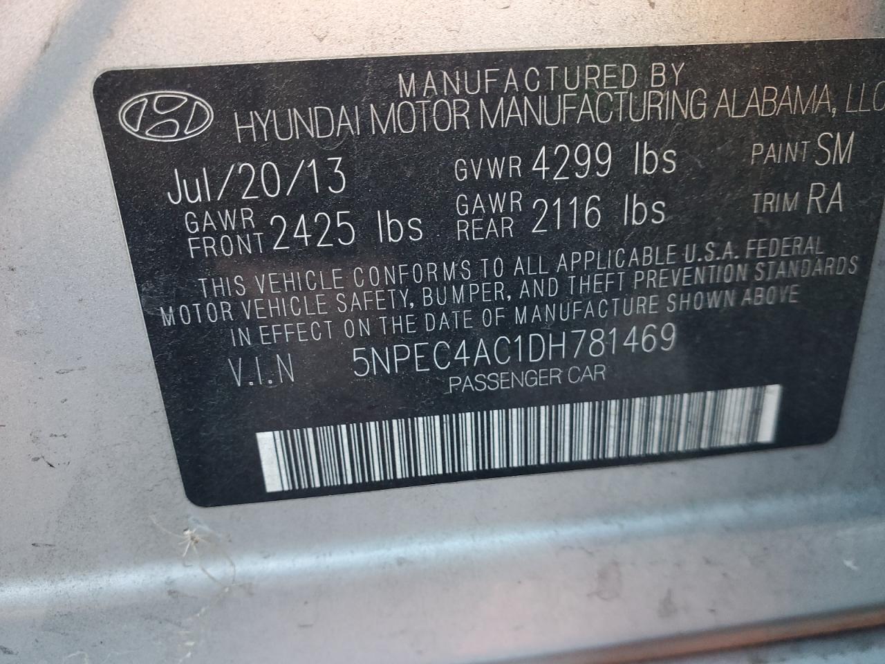 VIN 5NPEC4AC1DH781469 2013 HYUNDAI SONATA no.12