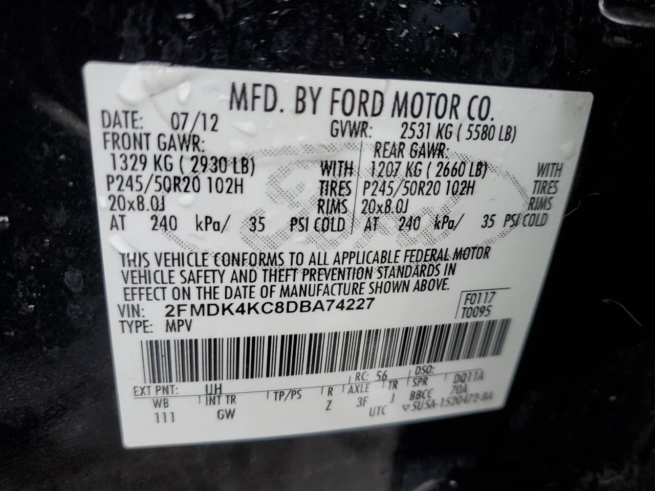 VIN 2FMDK4KC8DBA74227 2013 FORD EDGE no.14