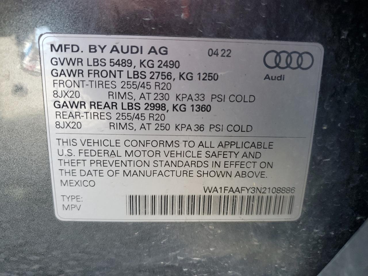 2022 Audi Q5 Prestige 45 VIN: WA1FAAFY3N2108886 Lot: 80448514