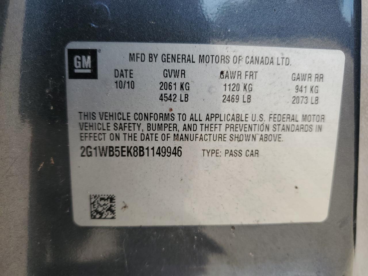 2011 Chevrolet Impala Lt VIN: 2G1WB5EK8B1149946 Lot: 80205084