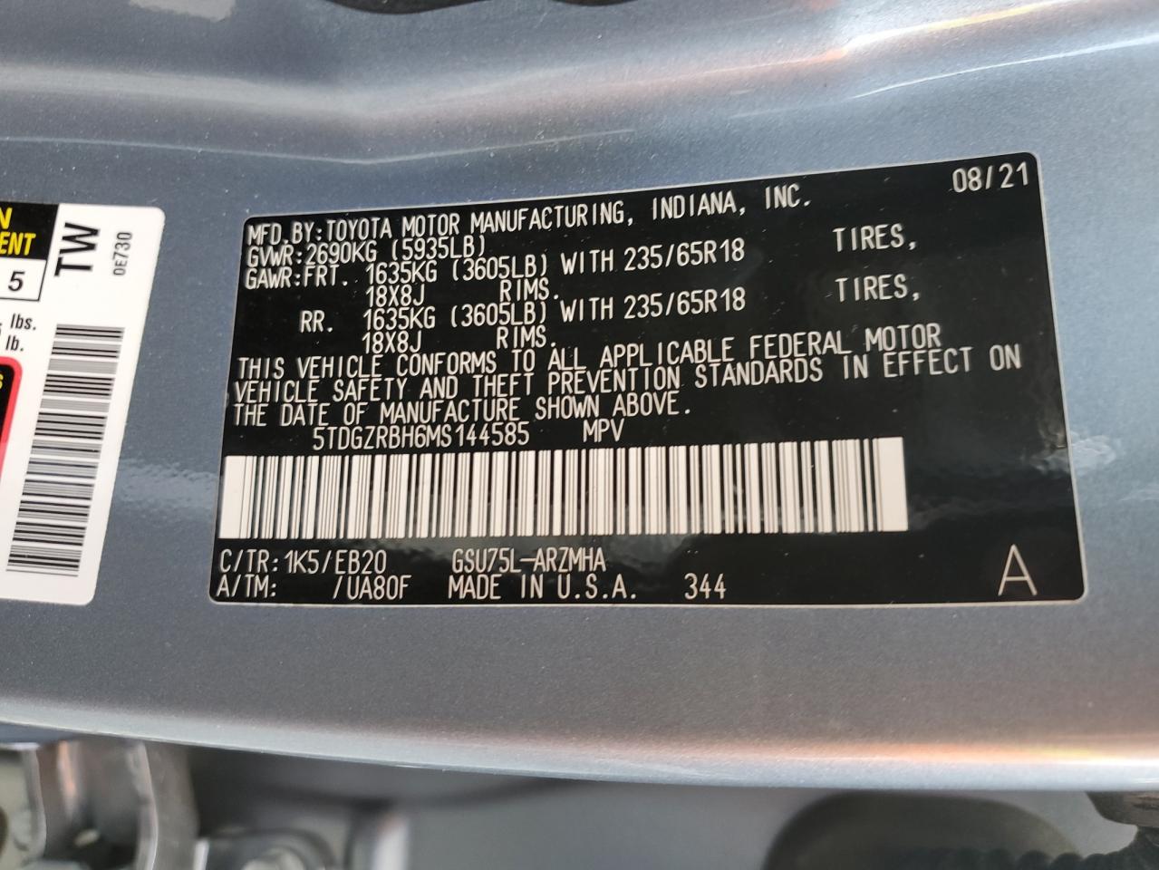 5TDGZRBH6MS144585 2021 Toyota Highlander Xle