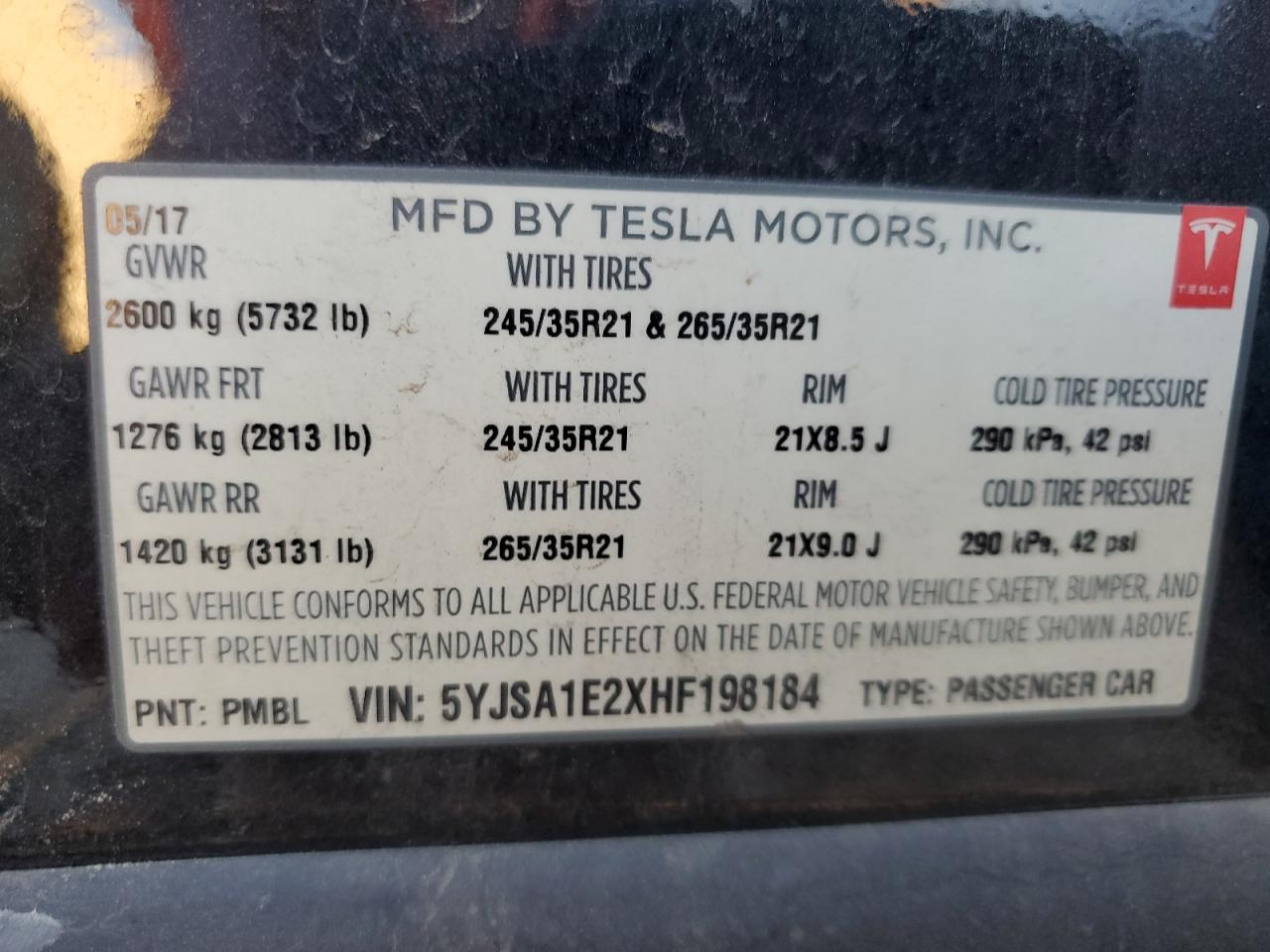 2017 Tesla Model S VIN: 5YJSA1E2XHF198184 Lot: 82141124