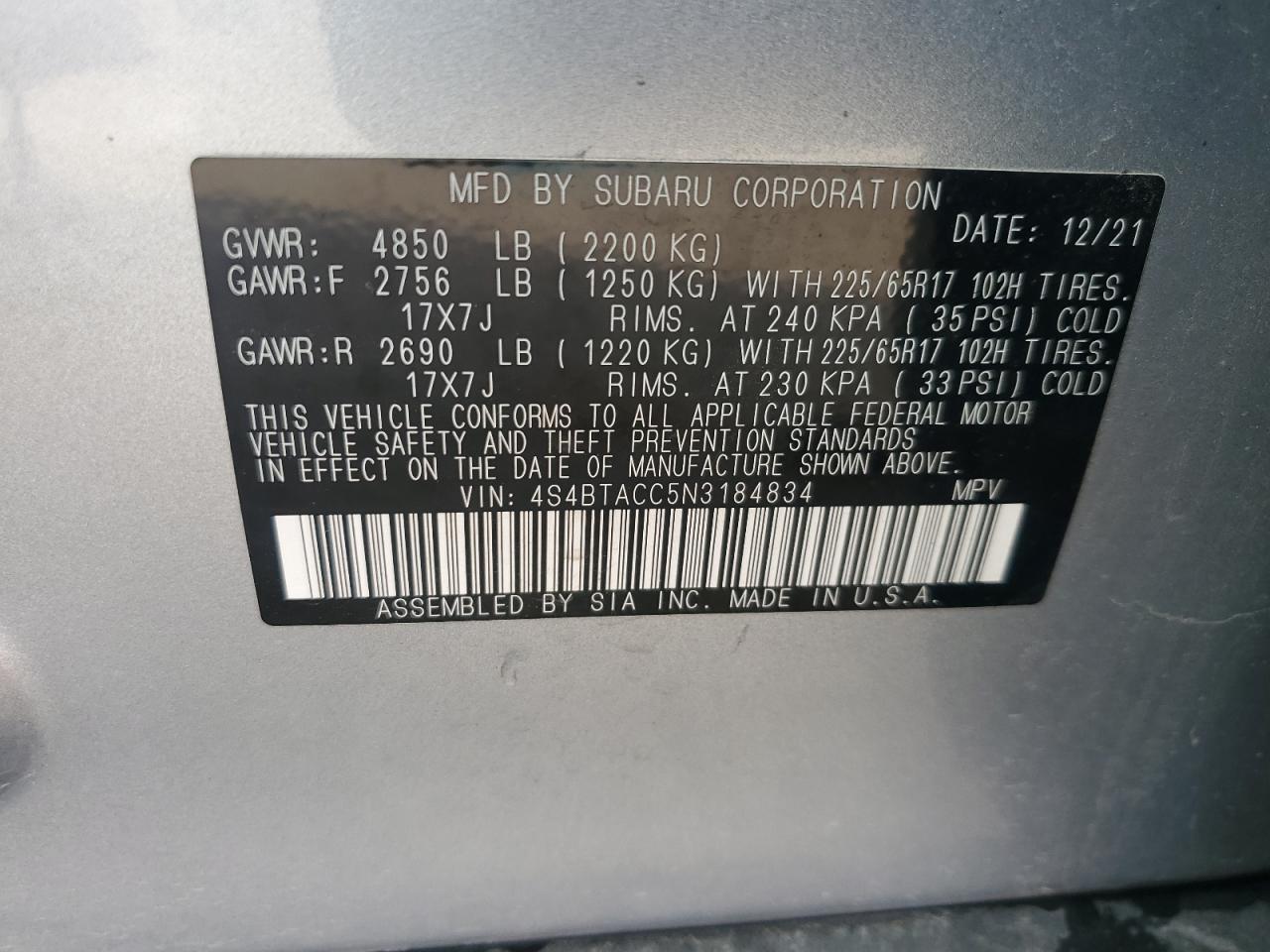 2022 Subaru Outback Premium VIN: 4S4BTACC5N3184834 Lot: 81346754