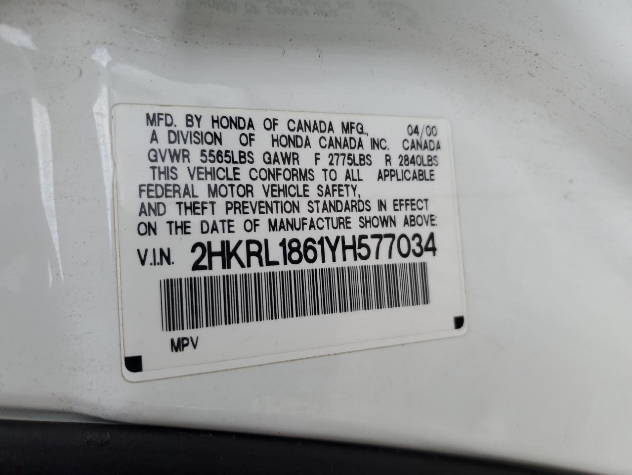 2000 Honda Odyssey Ex VIN: 2HKRL1861YH577034 Lot: 80214704