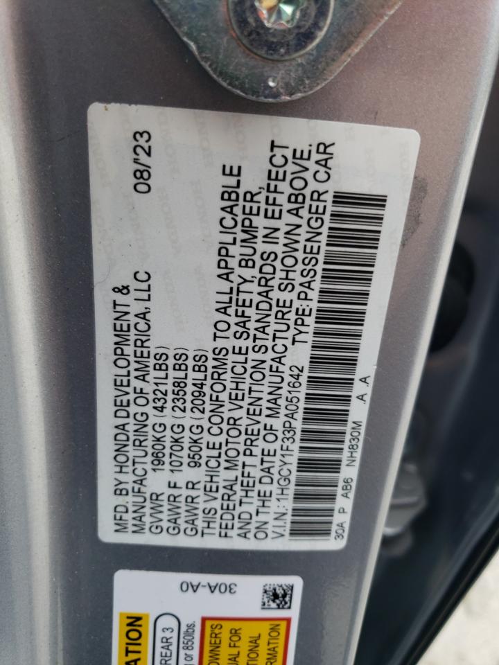 2023 Honda Accord Ex VIN: 1HGCY1F33PA051642 Lot: 80946104