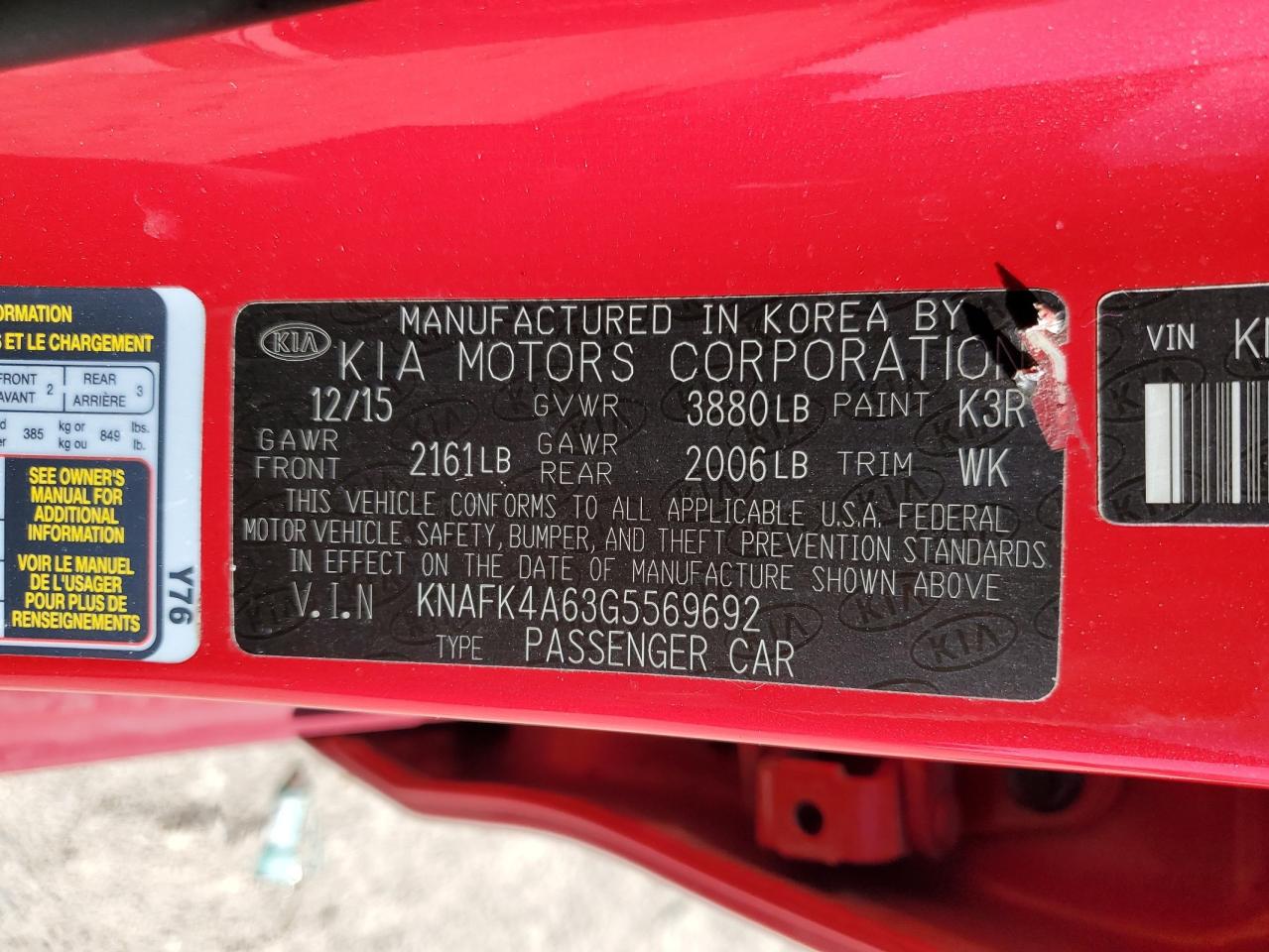 VIN KNAFK4A63G5569692 2016 KIA FORTE no.12