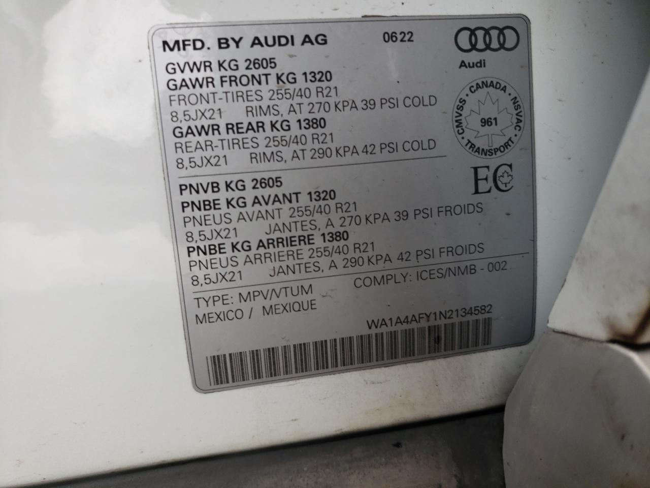 2022 Audi Sq5 Premium VIN: WA1A4AFY1N2134582 Lot: 82101634