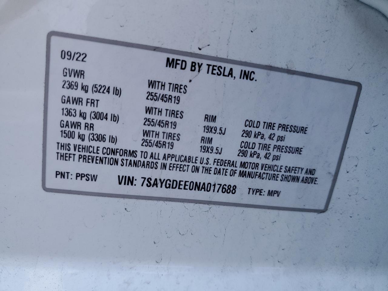 2022 Tesla Model Y VIN: 7SAYGDEE0NA017688 Lot: 80835104