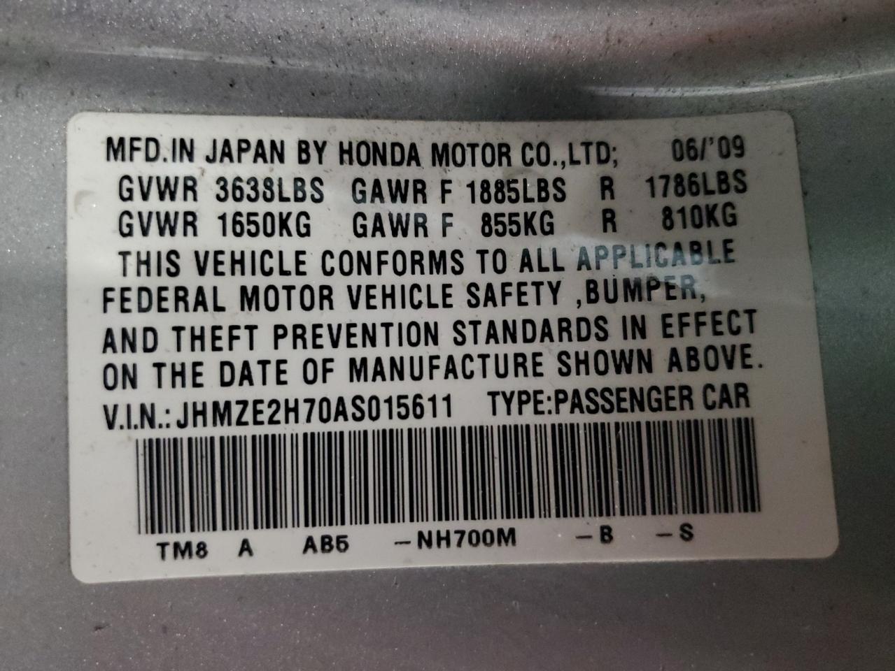 2010 Honda Insight Ex VIN: JHMZE2H70AS015611 Lot: 79655064