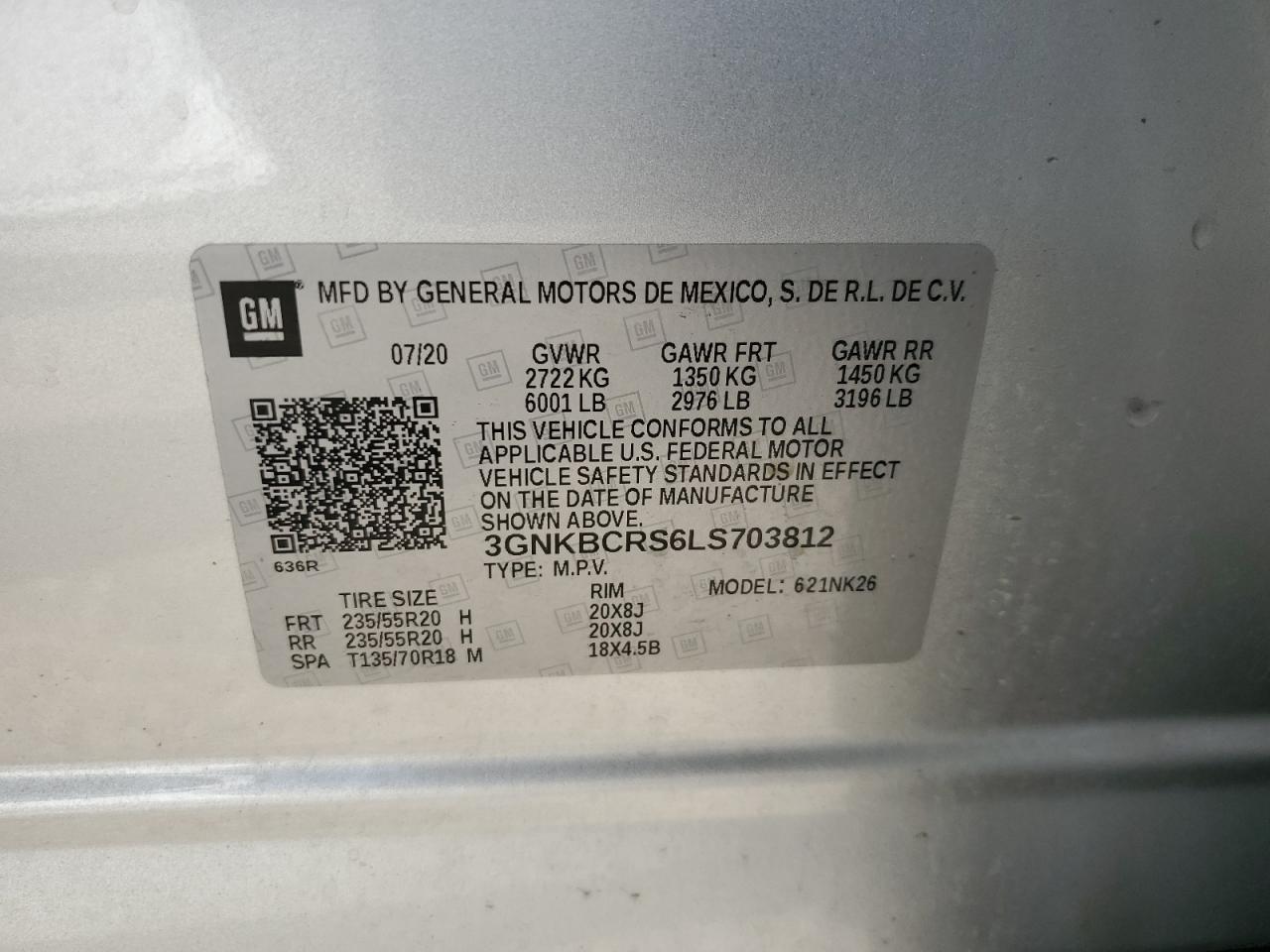 2020 Chevrolet Blazer 2Lt VIN: 3GNKBCRS6LS703812 Lot: 81144514