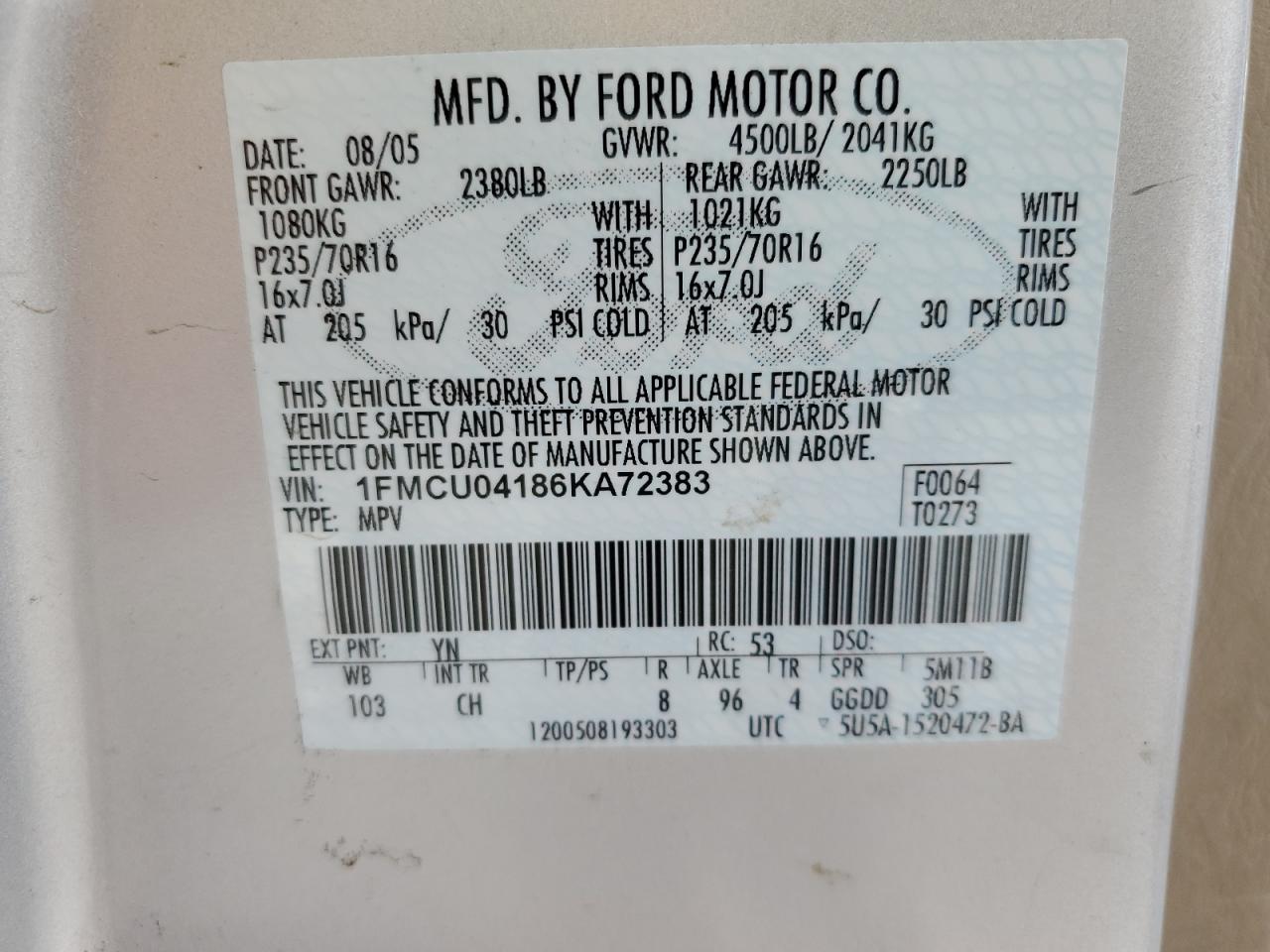 2006 Ford Escape Limited VIN: 1FMCU04186KA72383 Lot: 79278504