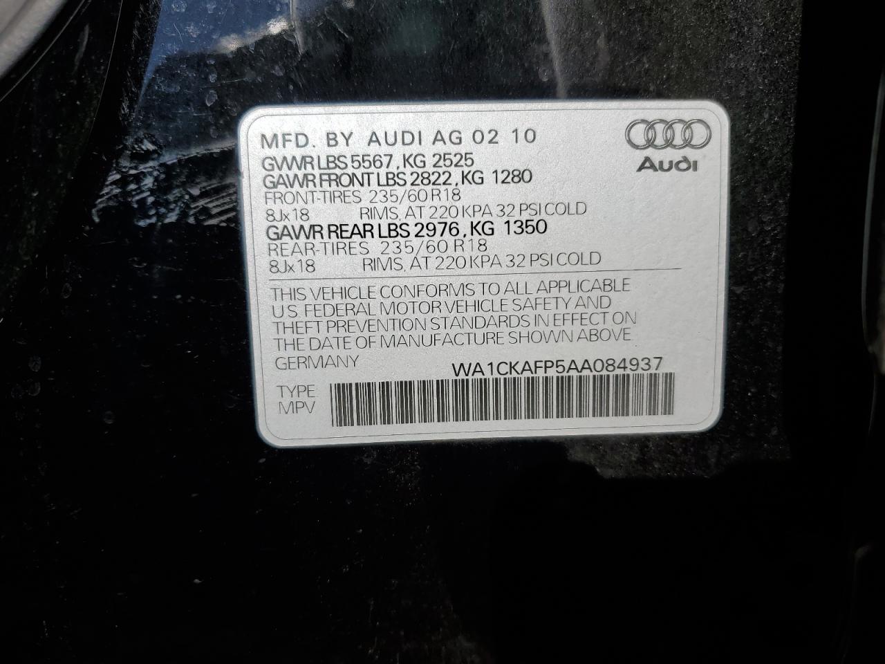 2010 Audi Q5 Premium VIN: WA1CKAFP5AA084937 Lot: 79725124